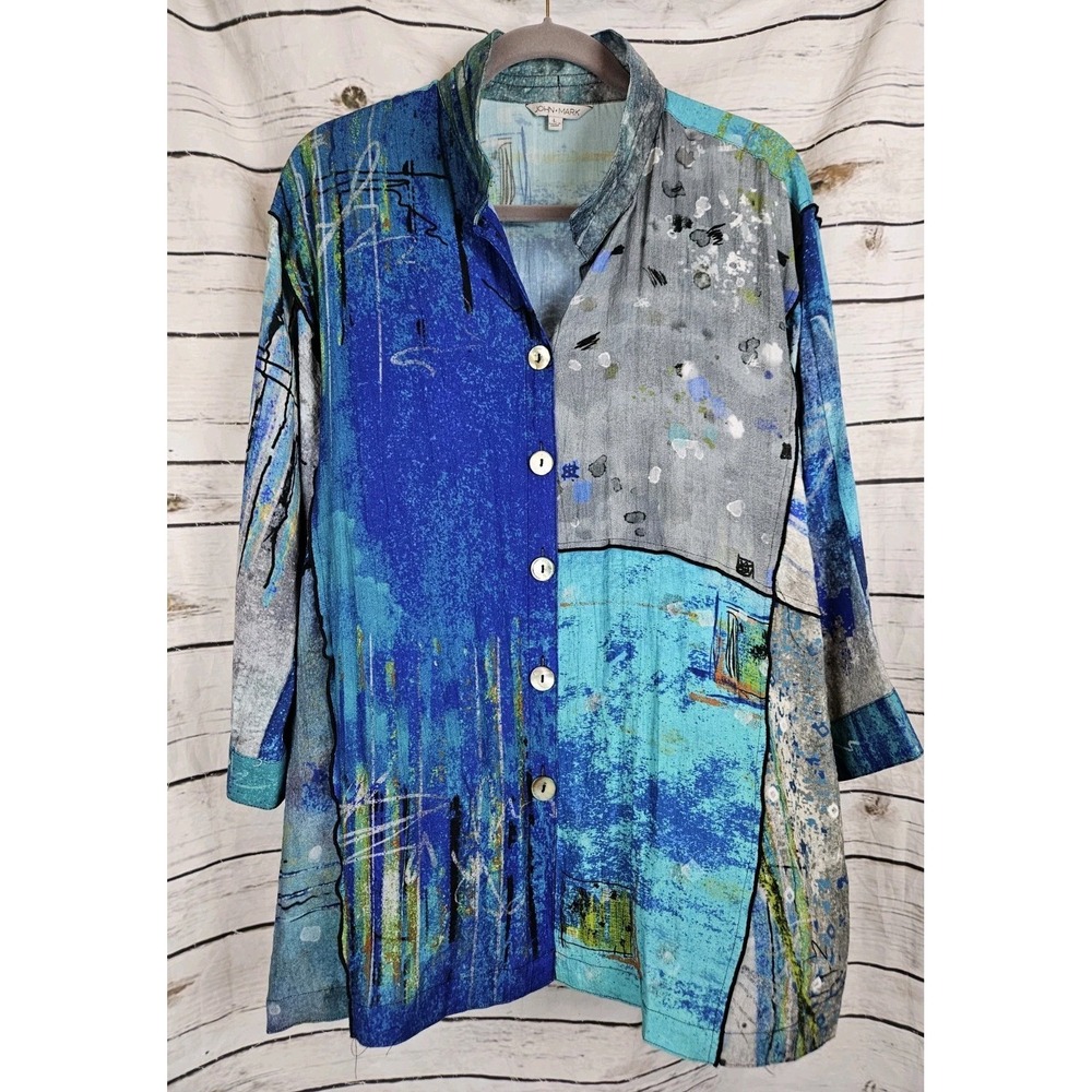 John Mark Blue Multi Button Tunic Top L Wired Collar 3/4 Sleeves Rayon Artsy